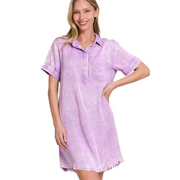 Zenana Tencel Mineral Washed Collared Shirts Dress - Picture 1 of 4